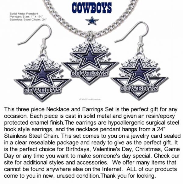 Dallas Cowboys Necklace and Earrings NFL Licensed Jewelry Gift Set