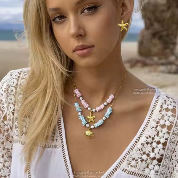Starfish and seashell necklace and earrings set—ocean-themed gift for her